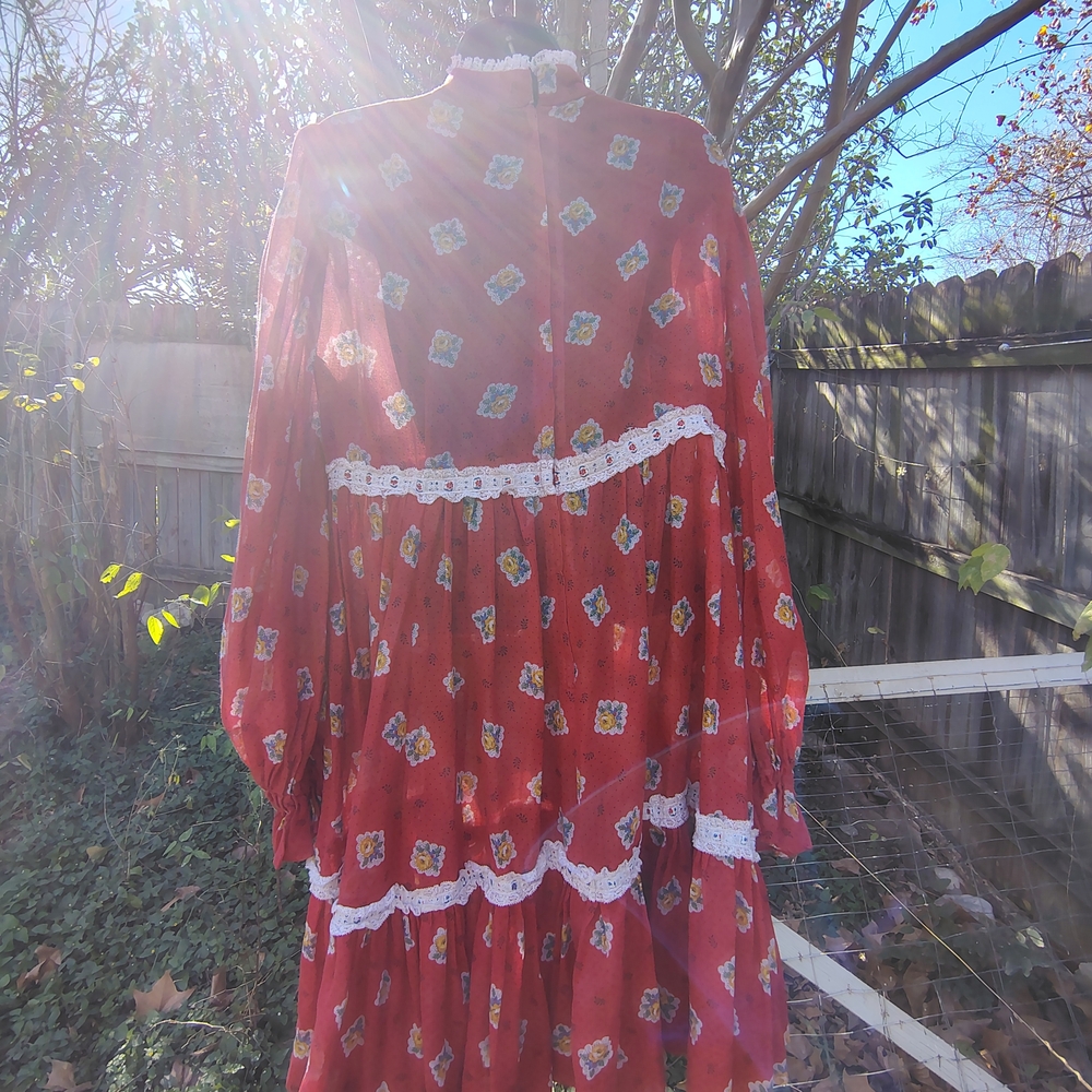 Red Floral Long Sleeve Dress with Lace Trim - Picture 4 of 5